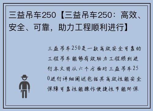 三益吊车250【三益吊车250：高效、安全、可靠，助力工程顺利进行】